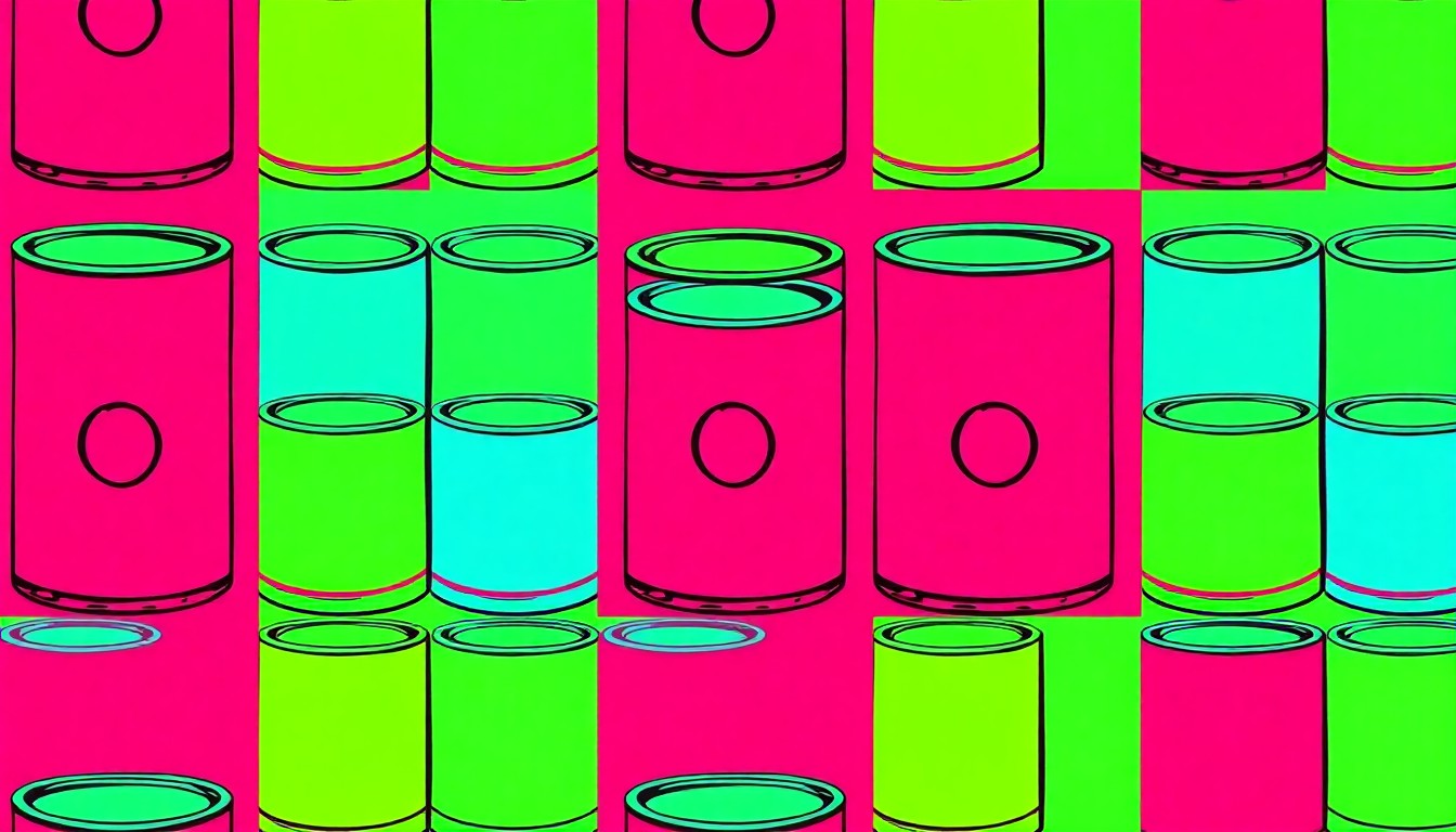A brightly colored, high-contrast silkscreen print of a single, iconic can of food repeated in a tight grid pattern, capturing the pop art spirit of the CANstruction event.