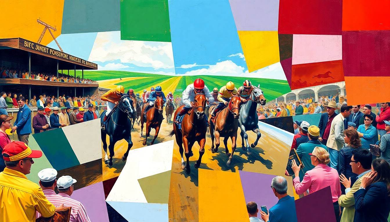 A fragmented, geometric painting depicting the motion and energy of a horse race, with jockeys and spectators broken down into overlapping planes of color.