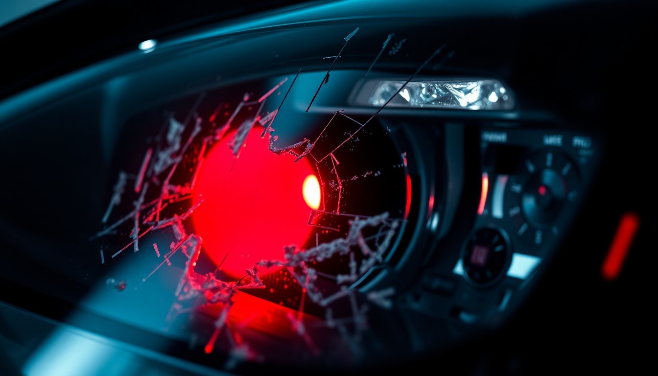 An extreme close-up photograph of a shattered car sensor lens reflecting a faint red light, conceptually illustrating the complex issues surrounding law enforcement rewards when convictions are elusive.