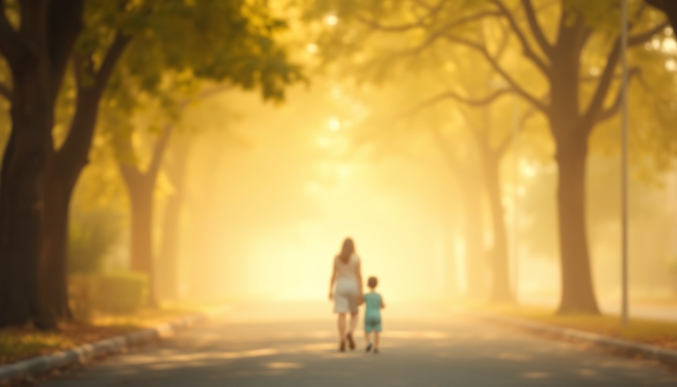 An abstract, impressionistic photograph depicting a parent and child walking together, their figures blurred and obscured in a soft, warm-toned haze, conveying a sense of care, connection, and the balance of personal and professional responsibilities.