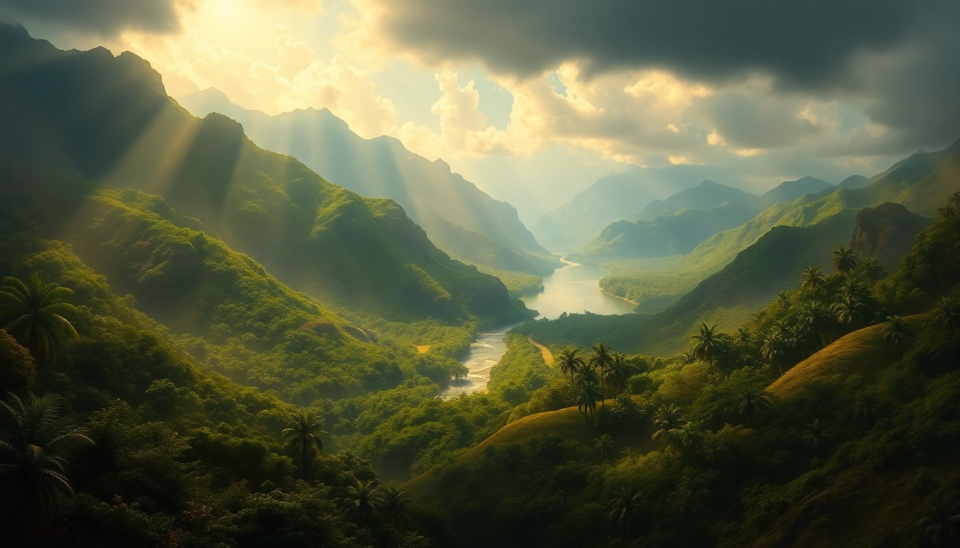 A vast, atmospheric landscape painting depicting a sweeping view of Waiawa Stream surrounded by lush, tropical foliage. The scene uses deep perspective and dramatic lighting to convey the overwhelming scale and sublime power of the natural environment, dwarfing any visible human structures or activity.