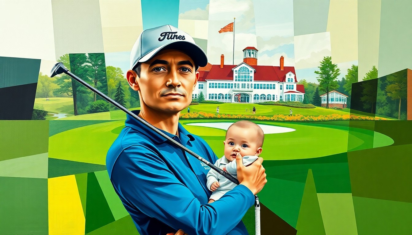A cubist, geometric painting depicting a golfer holding a baby, with the iconic Masters Tournament clubhouse in the background, all rendered in sharp, overlapping planes of color and form.