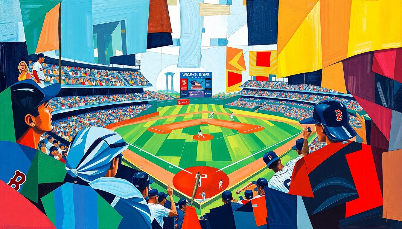 A fractured, geometric painting in vibrant colors representing a baseball game, with sharp, overlapping planes conveying the dynamic and unpredictable nature of the sport.