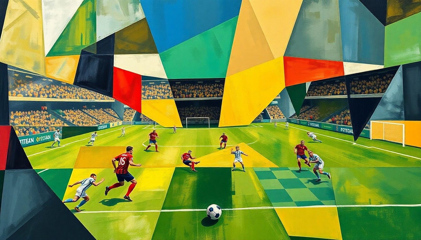 A fractured, geometric painting in the style of Pablo Picasso, breaking down a football game into sharp, overlapping planes of color and shape, abstracting the players and field into a dynamic, multi-perspective composition.