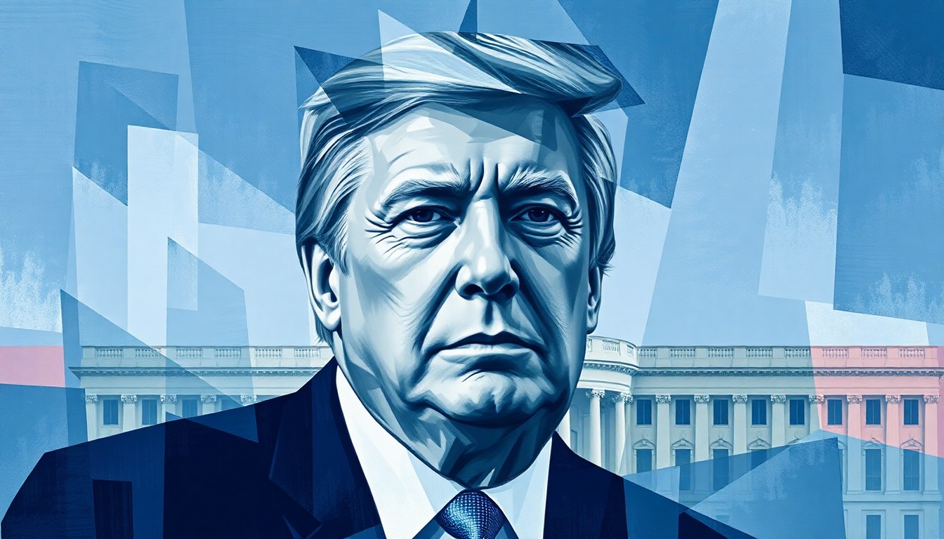 A dynamic, fragmented painting in shades of blue, grey, and red, depicting an abstract political figure or government building, conveying the sense of uncertainty and shifting pressures in the U.S.-Iran conflict.