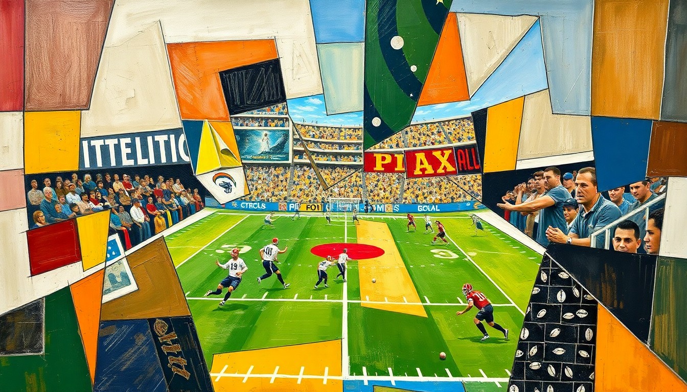 A fractured, geometric painting depicting the overlapping perspectives and strategic elements of a football game or coaching session, conveying the conceptual idea of mentorship and adaptability in sports leadership.