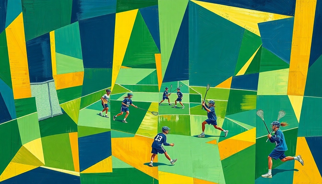 A fragmented, geometric painting in bold colors depicting the dynamic movements and clashing energy of a high school lacrosse game.