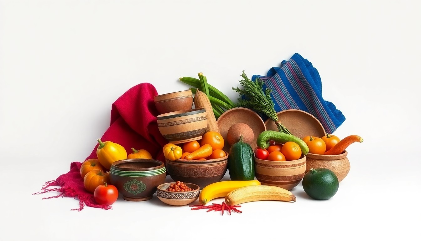 A high-end, photorealistic studio still-life photograph featuring an arrangement of handcrafted ceramic bowls, vibrant textiles, and fresh produce on a clean, monochromatic background, conceptually representing the diverse cuisine, artisanal crafts, and community spirit of the Mercado Central marketplace.