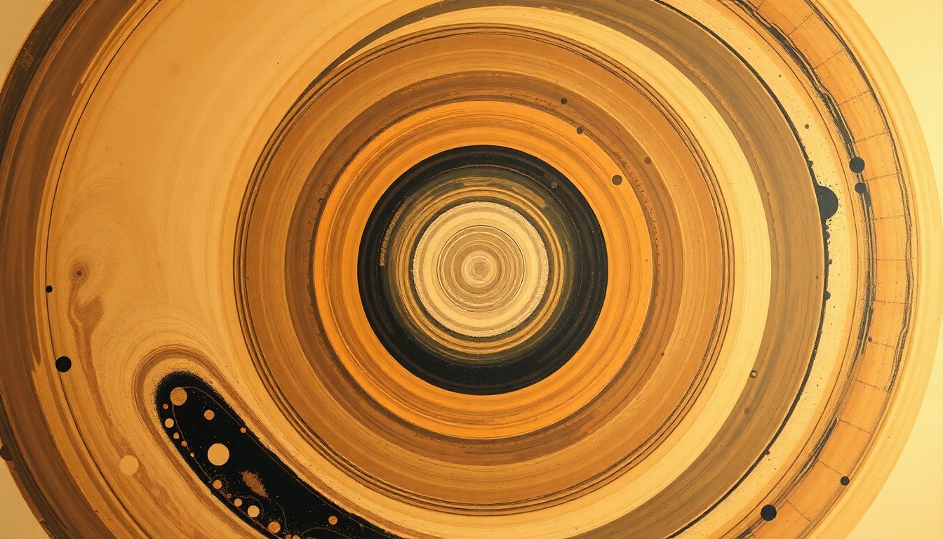 A bold, abstract painting in muted earth tones depicting the intricate geological and chemical forces at play on the surface of Titan, Saturn's largest moon, conveying the structural order and complexity of this alien world.