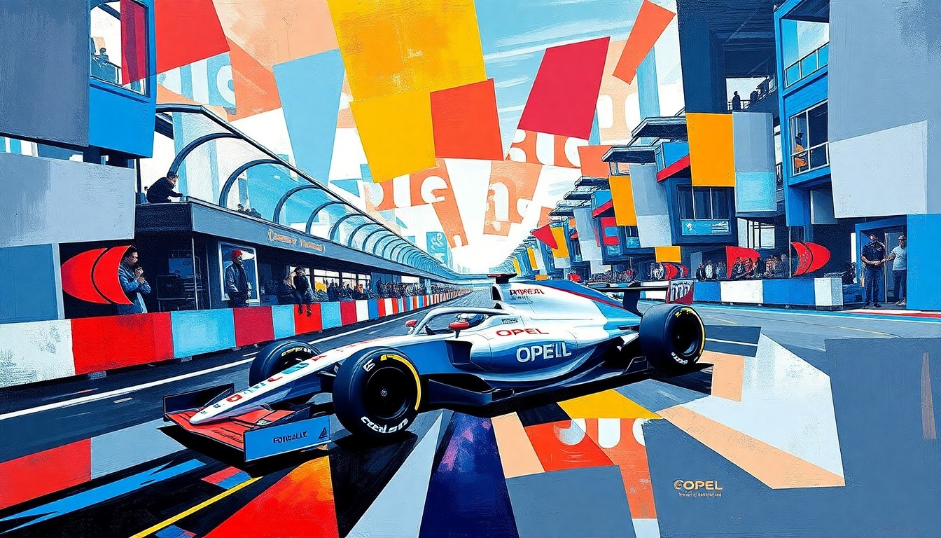 A cubist, geometric painting depicting a fractured, multi-angled view of a Formula E race scene, with the vibrant colors of Opel's team livery used throughout the composition to create a dynamic, energetic visual representation of the team's strategic shift.