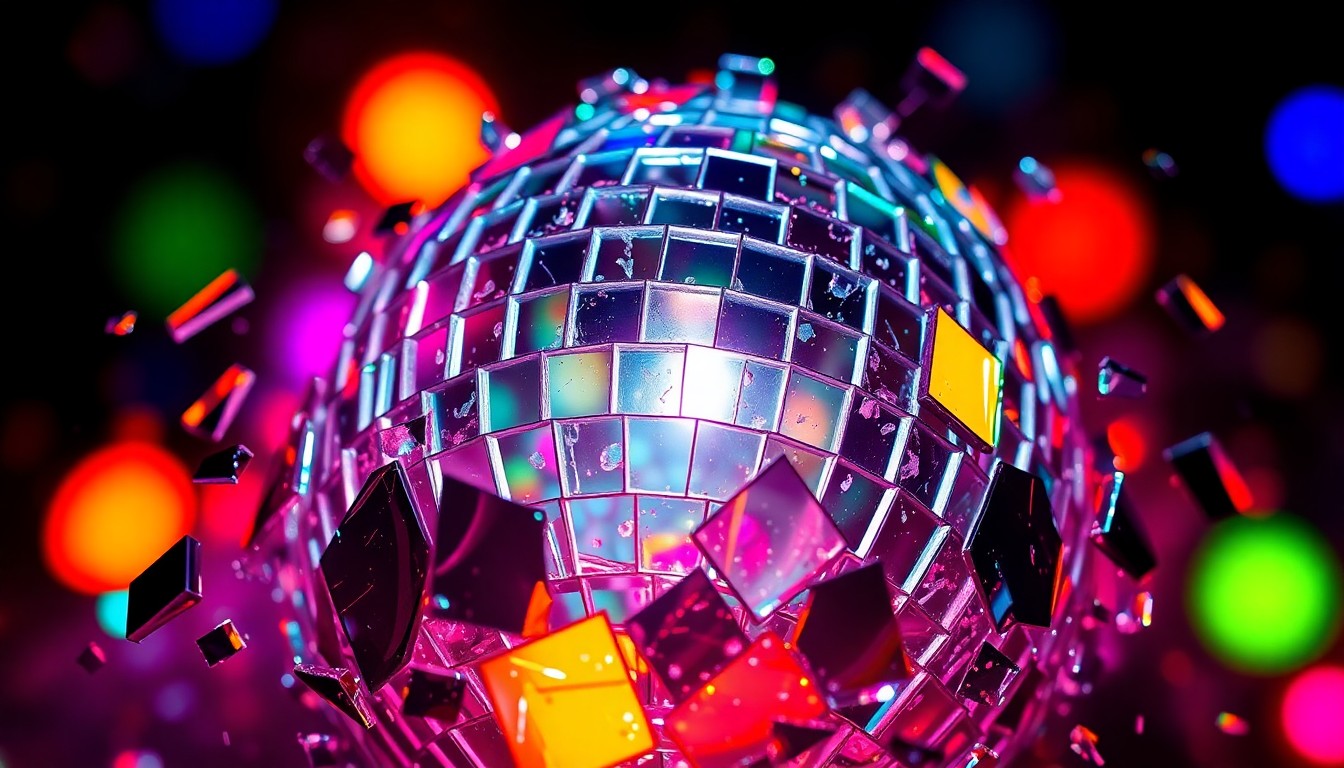 An extreme close-up of shattered, reflective glass fragments in a kaleidoscope of colors, capturing the timeless allure and rebellious spirit of 1980s modern rock music.