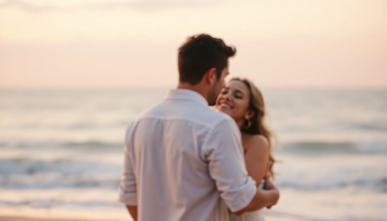 An extremely abstracted, out-of-focus photograph in soft pools of warm color and light, depicting the silhouettes of a couple embracing on a beach, with the ocean and sky blurred in the background, conveying a sense of intimate connection and bittersweet nostalgia.