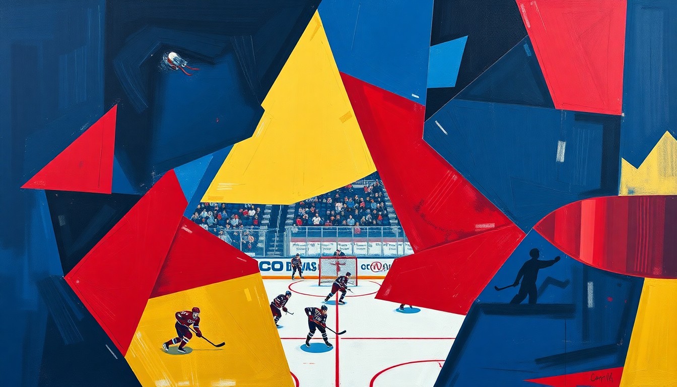 A cubist-style painting depicting a Utah Mammoth hockey game, with the players and action broken down into sharp, overlapping geometric shapes in vibrant shades of blue, red, and gold, conveying the energy and excitement of the team's historic playoff qualification.