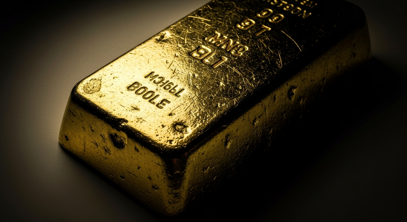 An extreme close-up of a heavy, textured gold bullion bar reflecting a dim, industrial light, conceptually representing the structural shift in global finance as major economies seek to reduce their reliance on the US dollar.