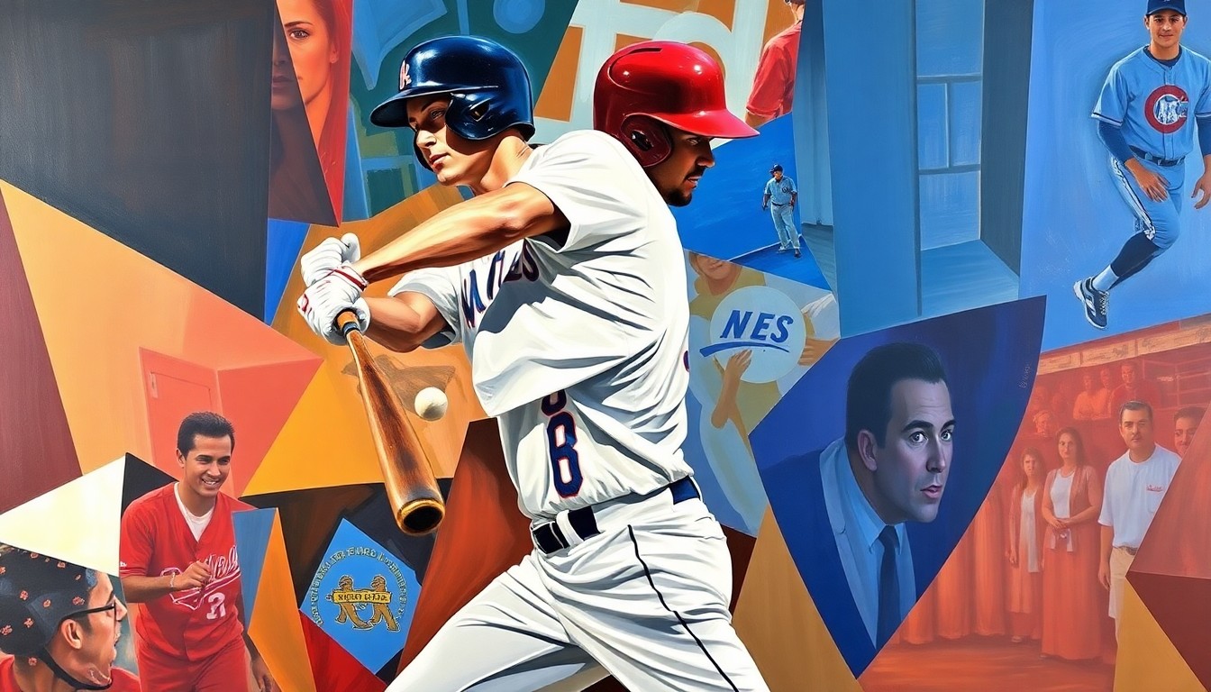 A cubist-style painting depicting a baseball player's batting motion broken down into sharp, overlapping geometric shapes and planes, conveying the complexities of Mike Trout's early-season struggles.