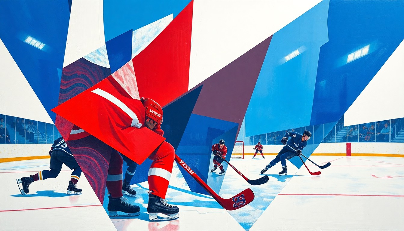 A cubist, geometric painting depicting a hockey game, with overlapping planes of blue, red, and white shapes representing the players, puck, and arena.