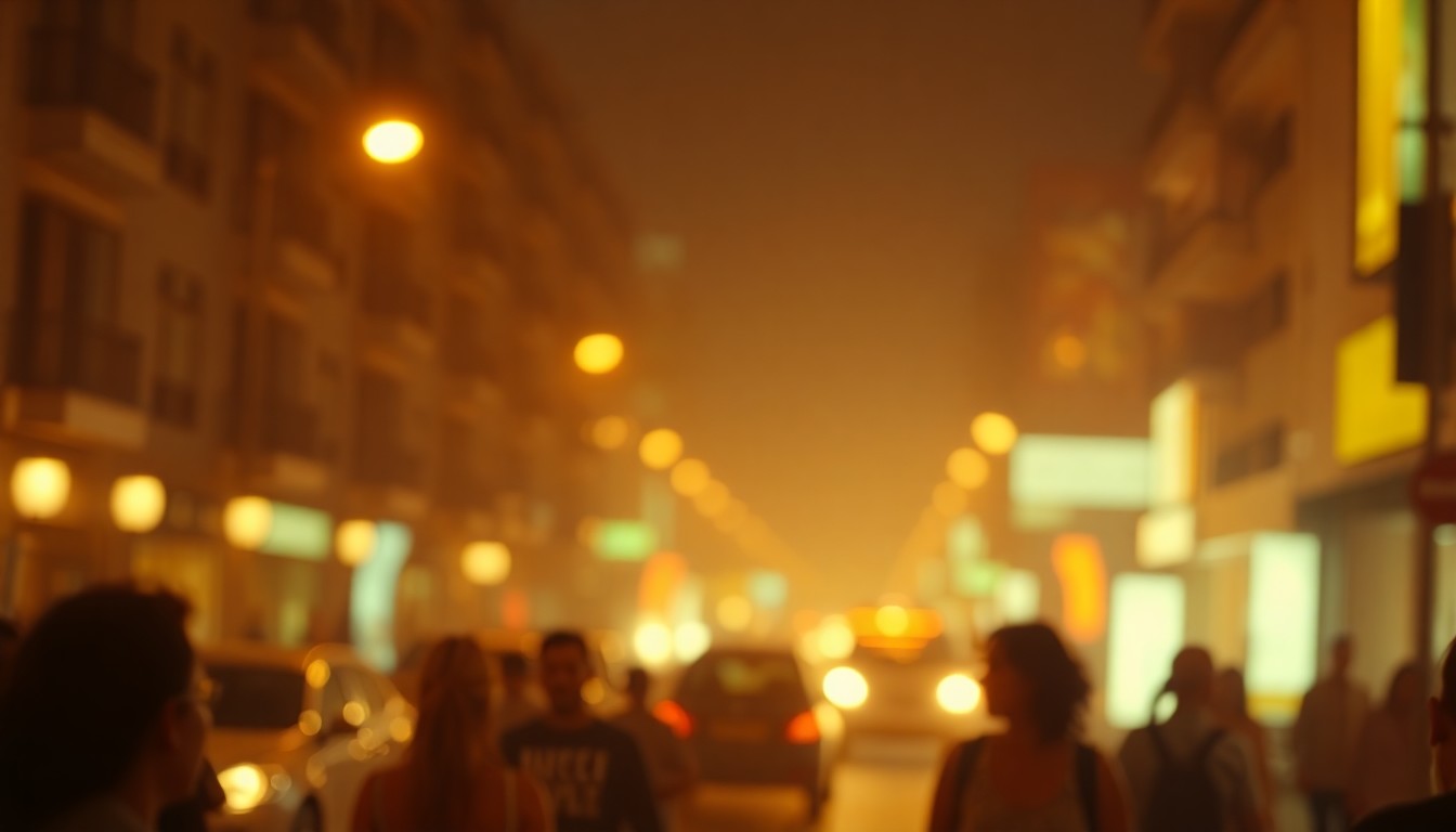 An abstract, impressionistic photograph in soft, warm tones depicting the blurred lights and silhouettes of a nighttime urban street scene, conceptually representing the celebratory yet disrupted atmosphere of New Year's in Arlington.