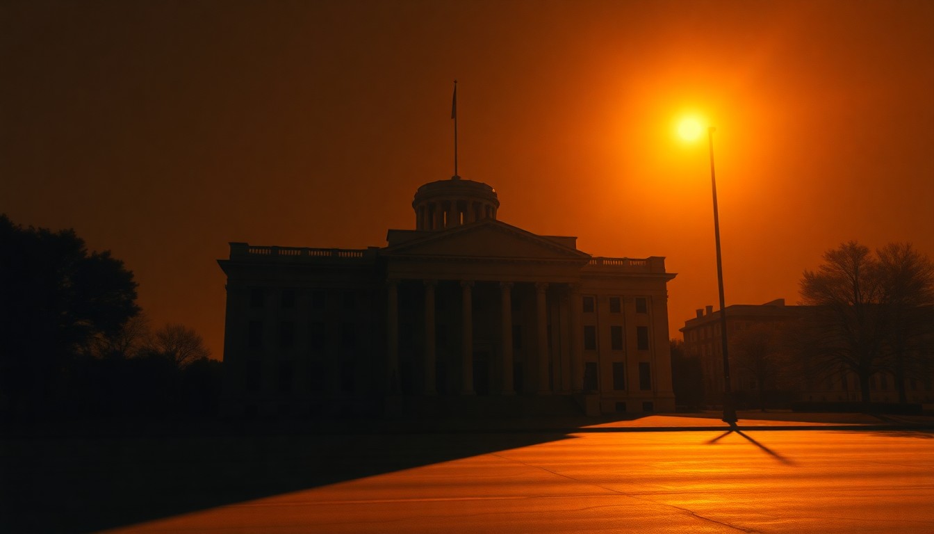 A serene, cinematic painting of a government building or political object, with warm sunlight casting long shadows across the scene, conveying a sense of quiet contemplation and the weight of political decisions.