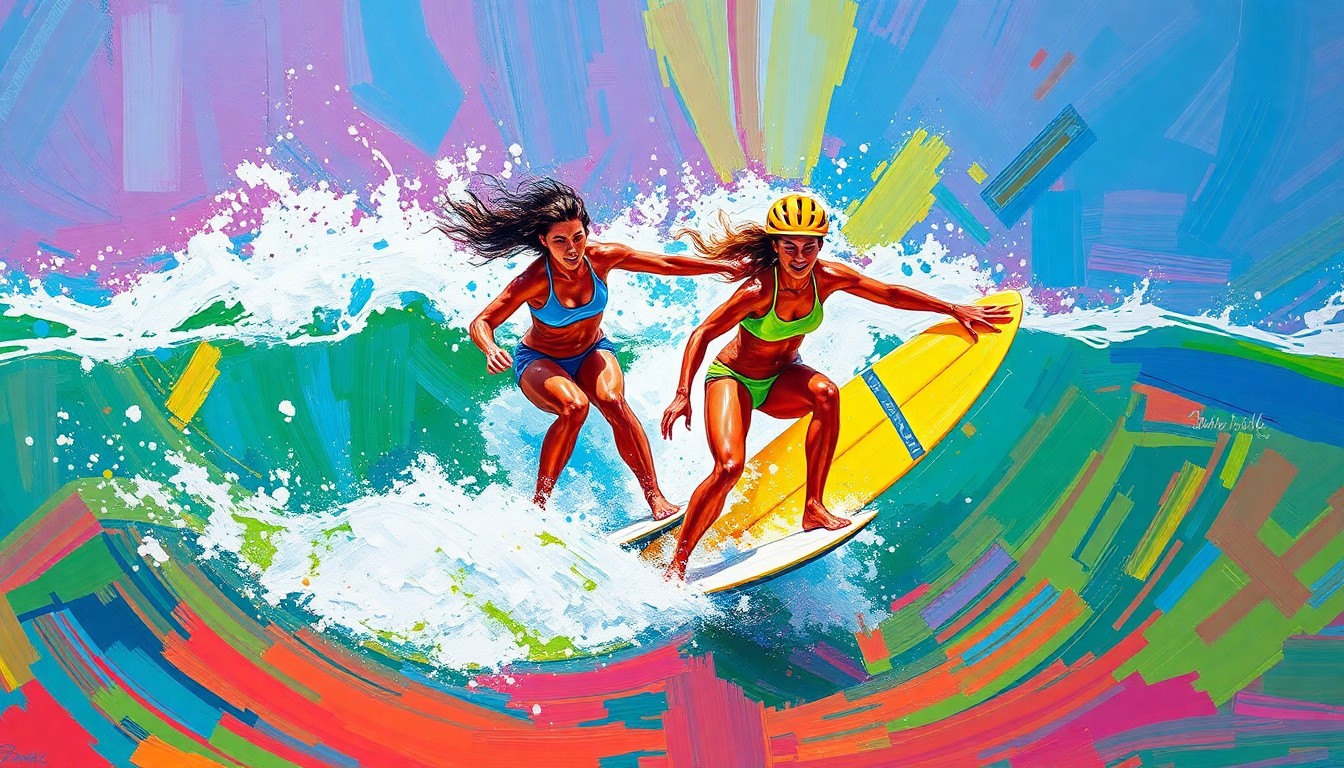 An extreme close-up of two surfers riding powerful waves, their movements captured in a vibrant, expressionist style with neon colors and rapid brushstrokes, conceptually representing the raw energy and talent of the African surf revolution.