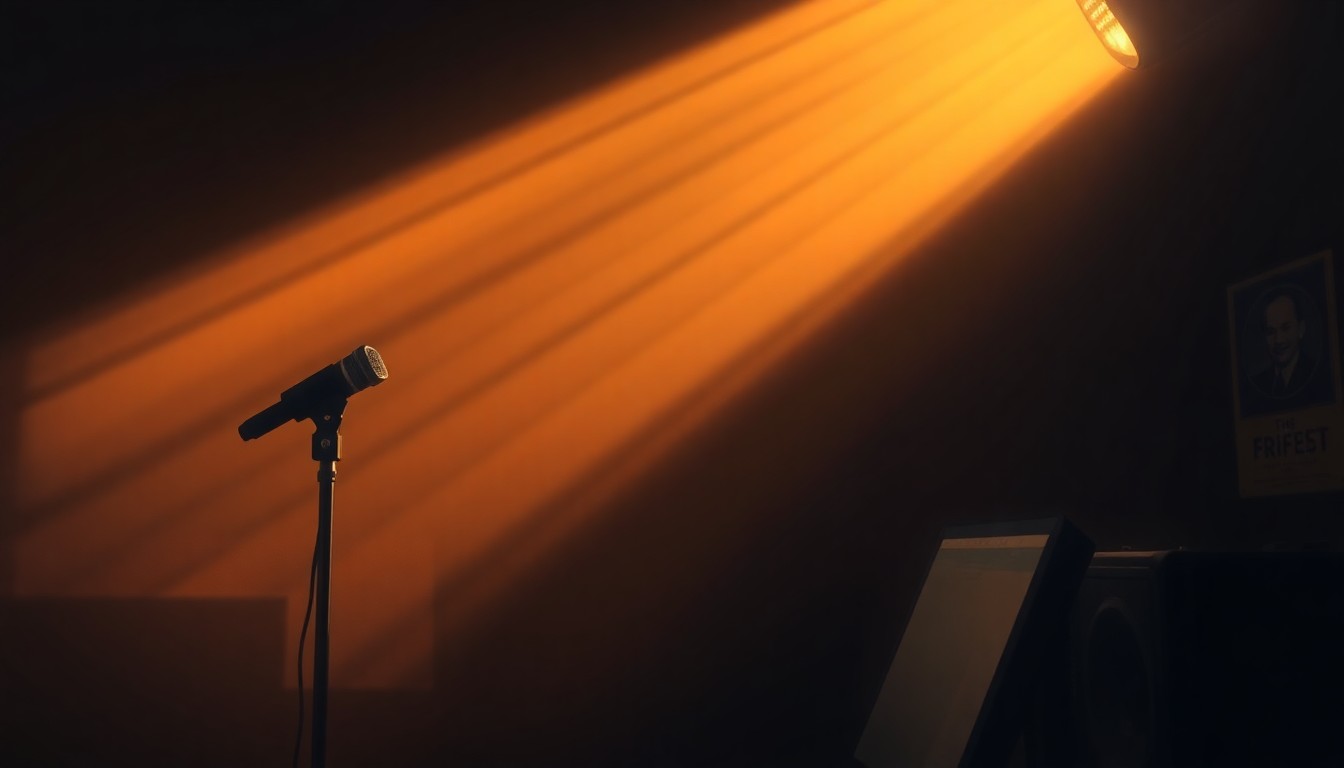 A serene, photorealistic painting depicting a lone microphone or broadcasting equipment in a dimly lit studio, with warm sunlight streaming in through a window and casting deep shadows, conveying a sense of vulnerability and the precarious state of free press.