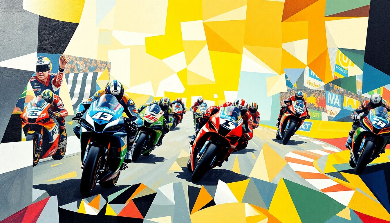 A fractured, geometric painting depicting the dynamic motion and competitive spirit of a MotoGP race, with the riders and their bikes represented as abstract, overlapping shapes and planes.
