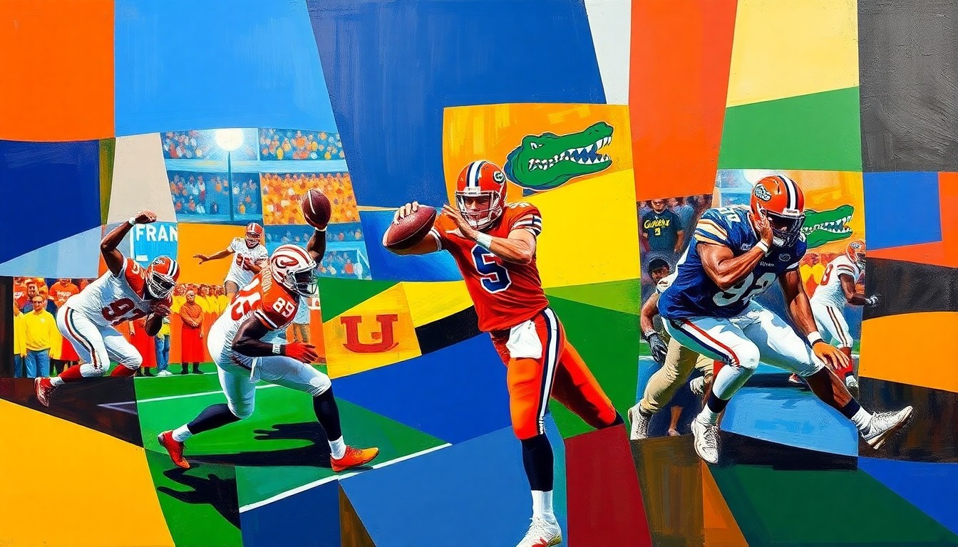 A cubist, geometric painting depicting a football quarterback in motion, with sharp, overlapping planes of orange, blue, red, and green representing the Florida Gators and their SEC rivals.