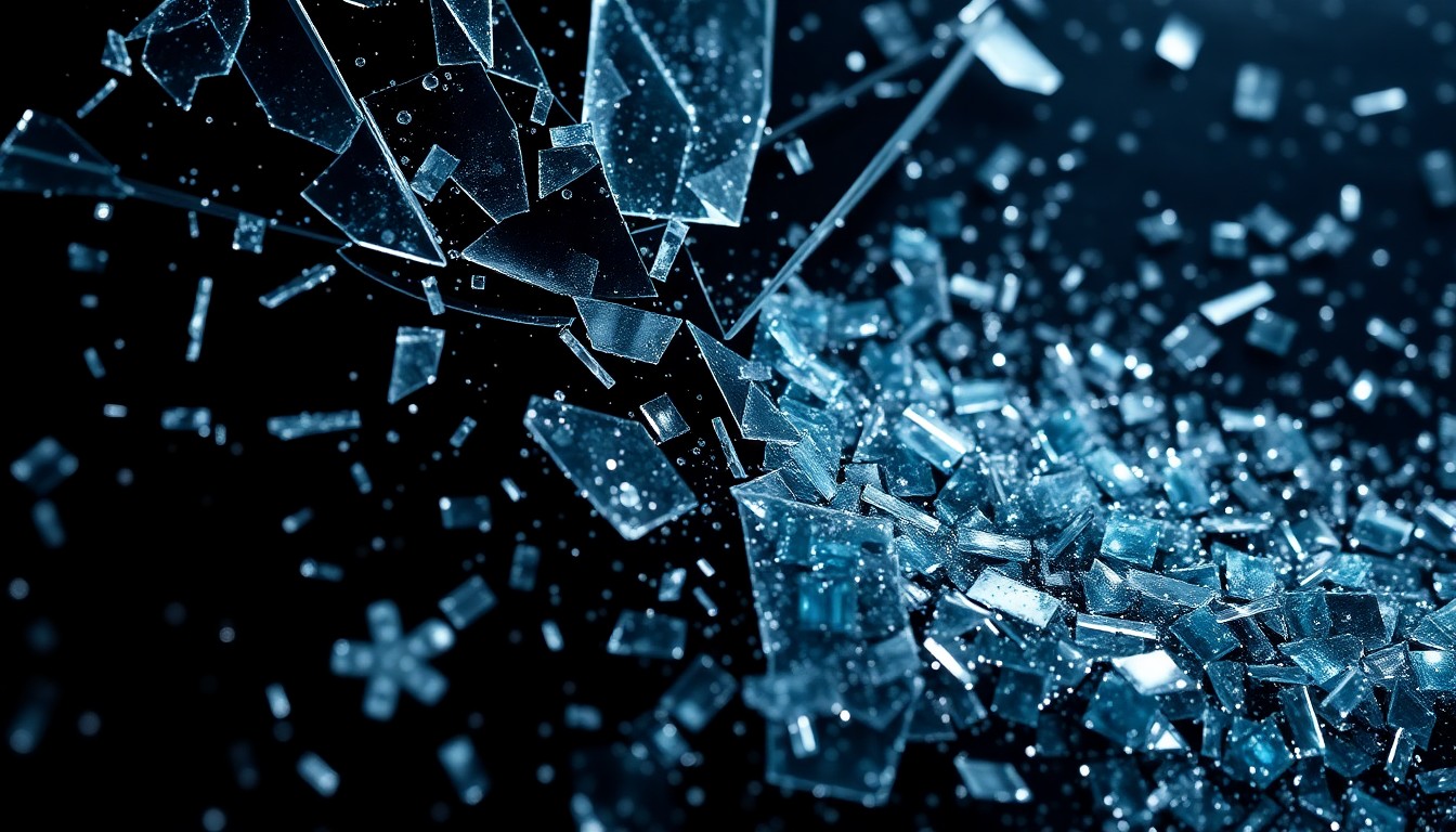 An extreme close-up photograph of shattered glass and glittering sequins, capturing the high-stakes, glamorous, and controversial nature of the 'Unwell Winter Games' reality series.