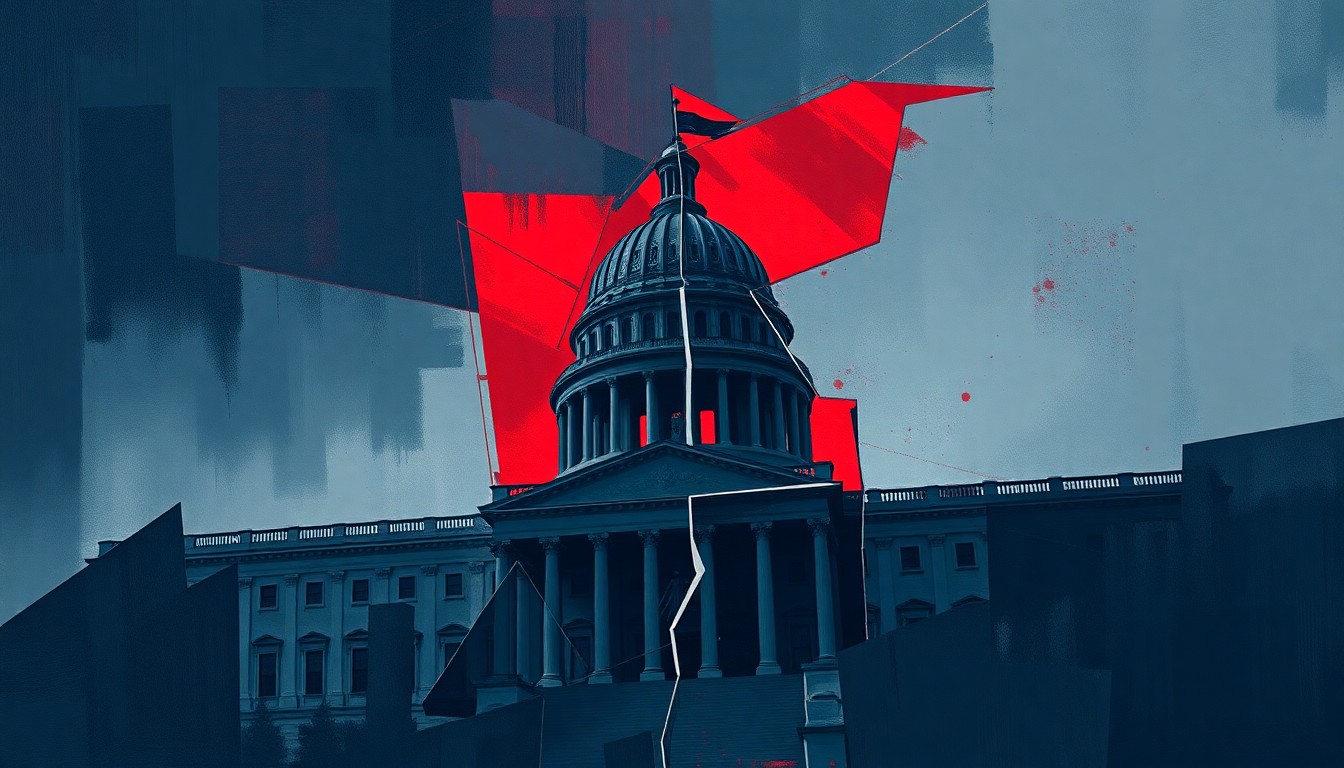 A fractured, abstract painting featuring overlapping geometric shapes and waves of navy, charcoal, and deep red, conceptually representing the instability and suspicion surrounding allegations of insider trading and misuse of government power.