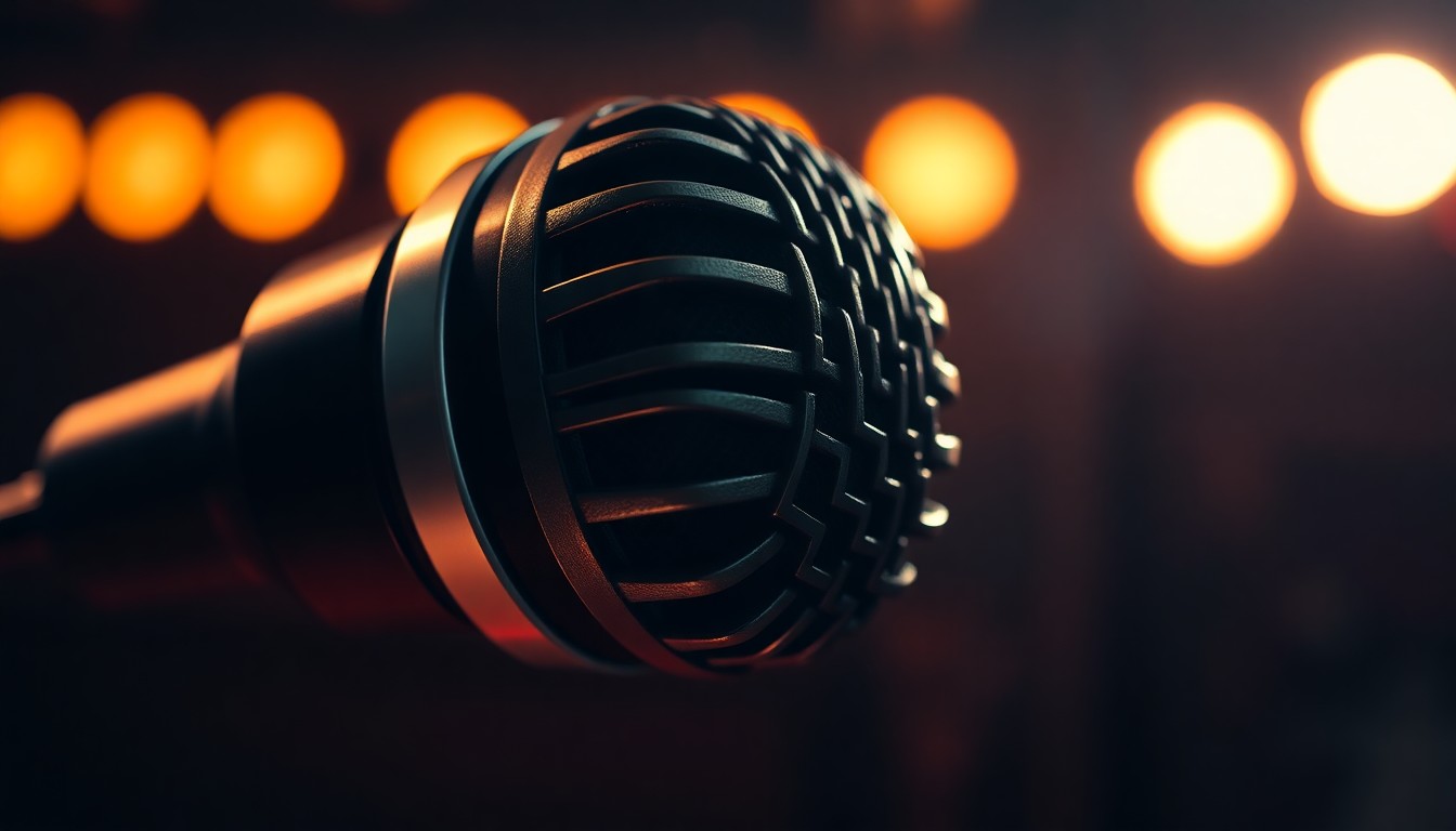 An extreme close-up photograph of the textured metal and glowing lights of a vintage radio microphone, conveying the nostalgic, high-glamour aesthetic of classic broadcast equipment.
