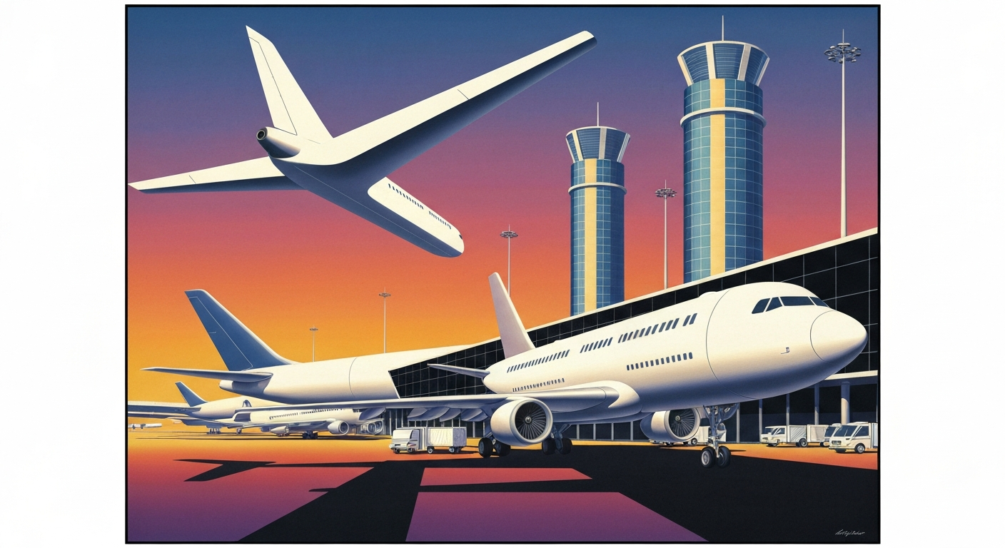 A highly stylized, geometric illustration depicting the grand scale and disruption of air travel, with sweeping airbrushed gradients, towering forced perspectives of airport architecture, and sleek, streamlined forms, conceptually representing the fragility of the aviation system.