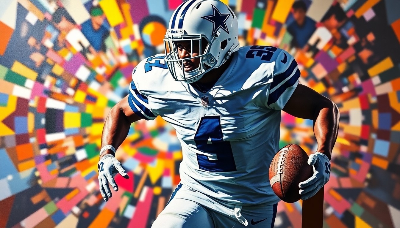 A cubist-style painting depicting a Dallas Cowboys football player in mid-action, with the player's jersey and helmet reduced to abstract geometric shapes against a vibrant, kaleidoscopic background, representing the intensity and unpredictability of the NFL Draft.