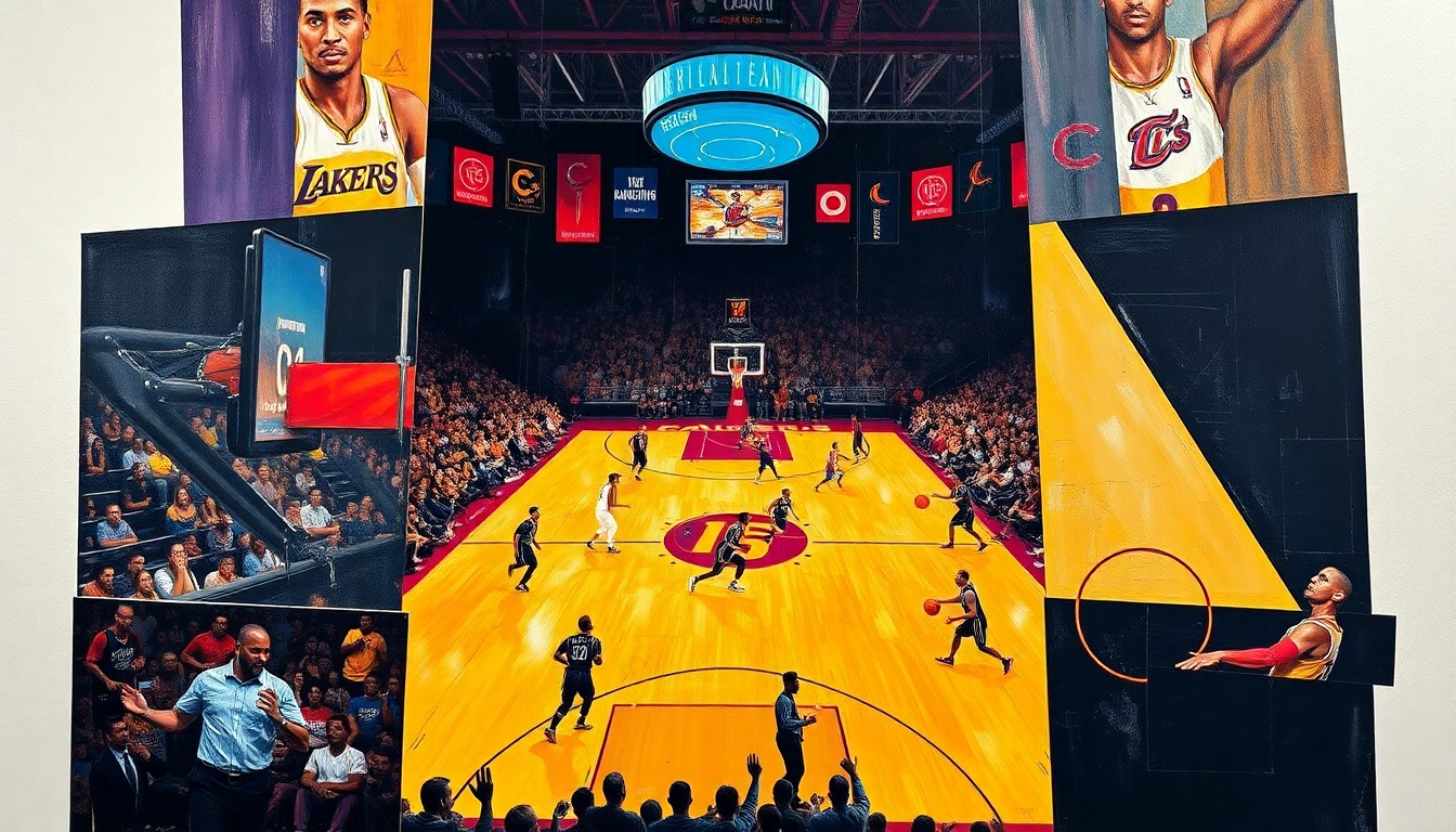 A fragmented, geometric painting depicting a basketball game in motion, with players and the court rendered in a cubist style, creating a sense of movement and multiple perspectives.