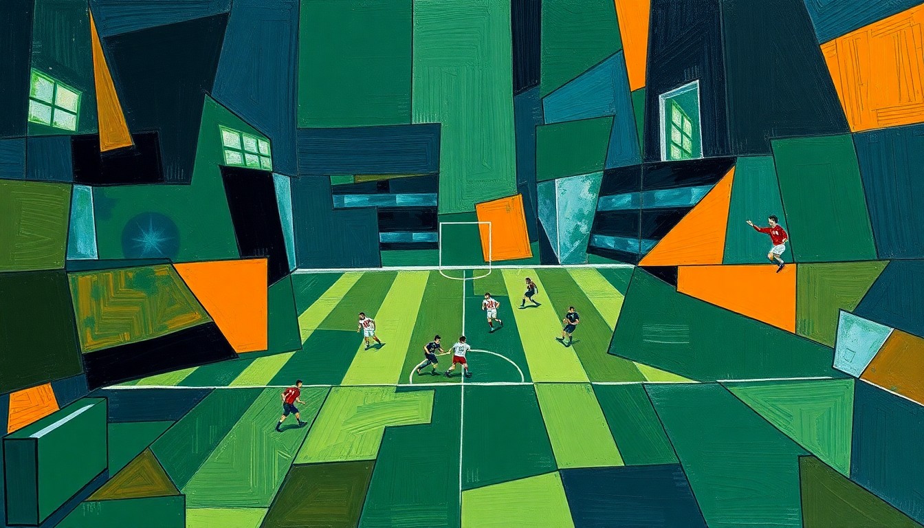 A cubist-style painting depicting a fragmented, geometric interpretation of a football game, with sharp planes of navy, green, and orange overlapping to create a dynamic, abstract visual representation of the sport.