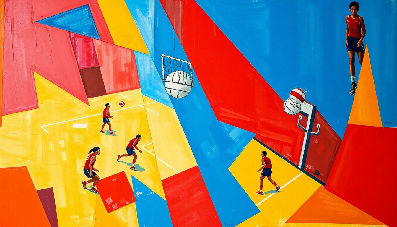 A fragmented, multi-angled painting depicting a volleyball game, with the players and court broken down into sharp, overlapping geometric shapes in a vibrant color palette, conveying the raw athleticism and competitive nature of the sport.