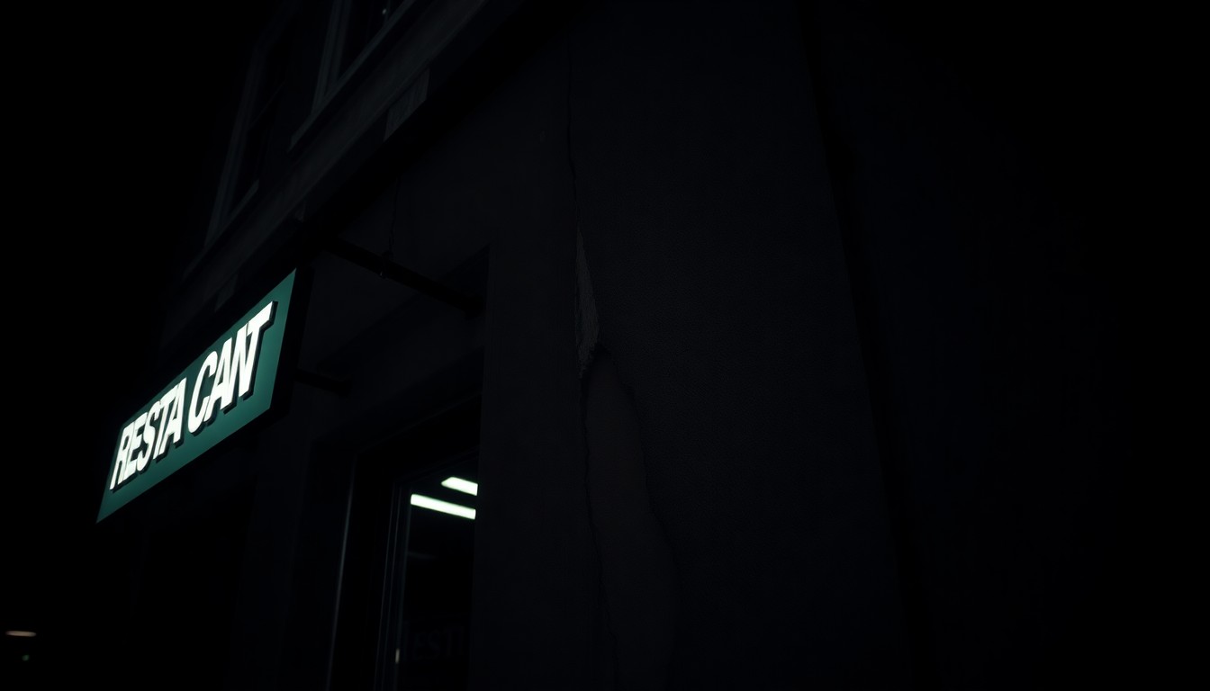 An extreme close-up photograph of a cracked and dented concrete facade, with dramatic shadows and highlights created by a harsh, direct camera flash, conceptually illustrating the aftermath of a bus crash into a city building.