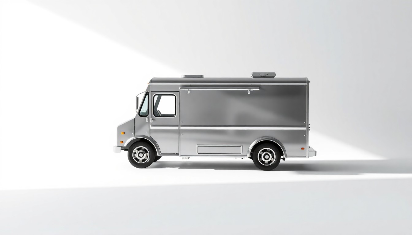 A highly detailed, photorealistic studio still life photograph featuring a polished, stainless steel model of a food truck, dramatically lit to convey a sense of entrepreneurial resilience and global expansion.