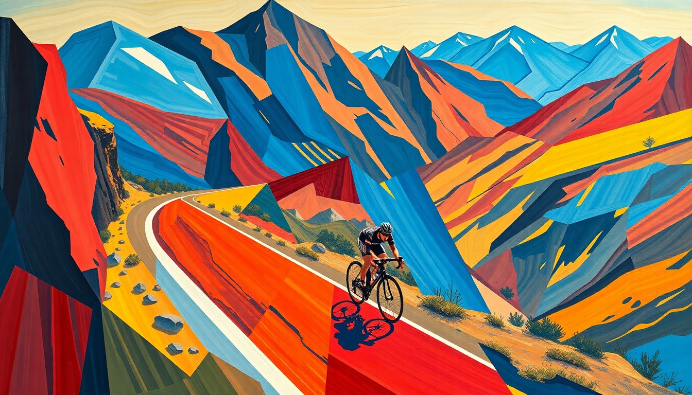 A cubist-style painting depicting a cyclist racing up a winding mountain road, with the figure and landscape broken down into sharp, overlapping geometric shapes in a vibrant color palette, capturing the dynamic energy and intensity of the Tour de France.