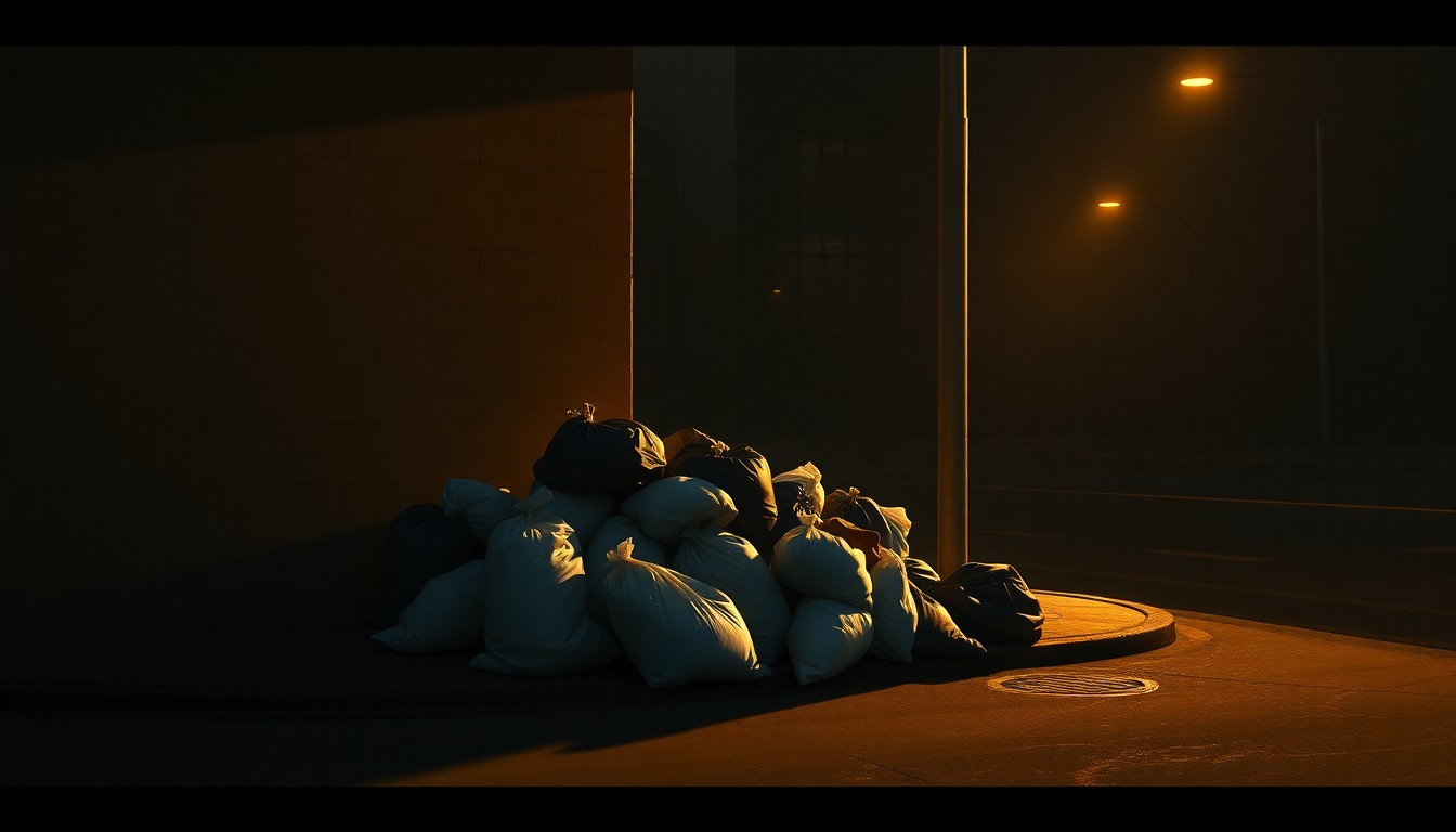 A realistic oil painting depicting a large pile of overflowing trash bags on a city street corner, with warm sunlight casting deep shadows across the scene, conceptually illustrating the impact of the Birmingham bin strike.
