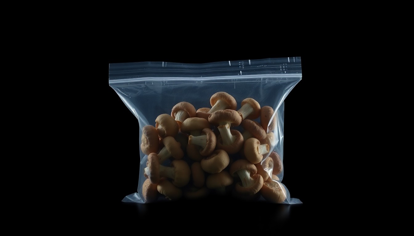 An extreme close-up photograph of a small plastic bag containing dried mushrooms, lit by a harsh, direct camera flash against a pitch-black background, conceptually representing the drug-related evidence seized in this arrest.