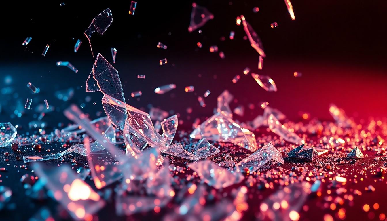 An abstract close-up image featuring shattered glass and glittering sequins, conveying the fragility and glamour of Hollywood fame through dramatic lighting and texture.