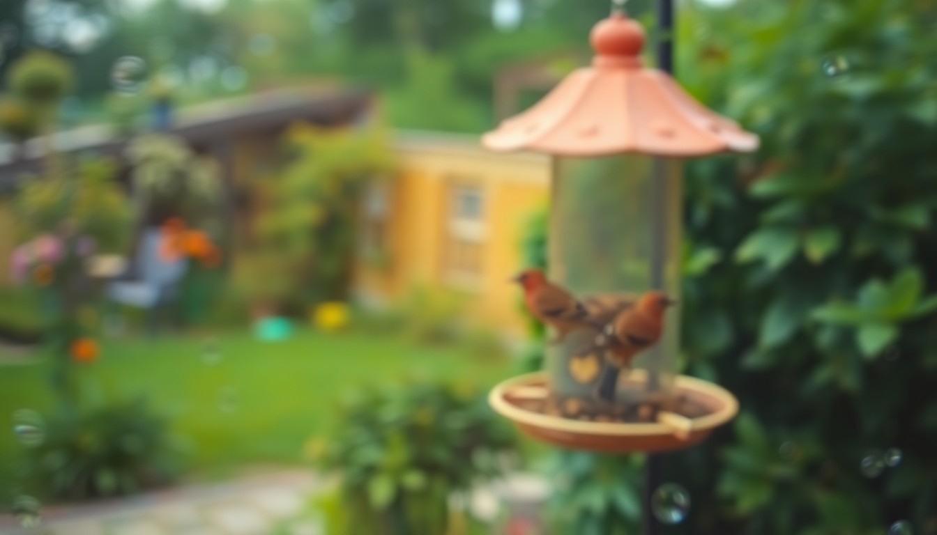 An abstract, impressionistic photograph showing a blurred, out-of-focus bird feeder surrounded by a lush, green garden setting, with soft, warm pools of light and color creating a dreamlike, atmospheric scene.