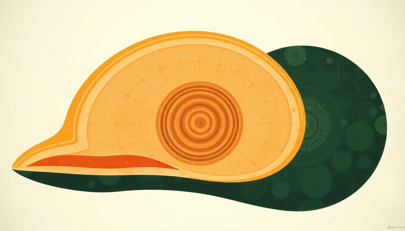 An abstract painting in the style of Hilma af Klint, featuring sweeping geometric arcs, concentric circular patterns, and precise botanical or physical spirals in earthy tones, conceptually representing the complex engineering and hydrology of the ancient stepped reservoir discovered on Elephanta Island.