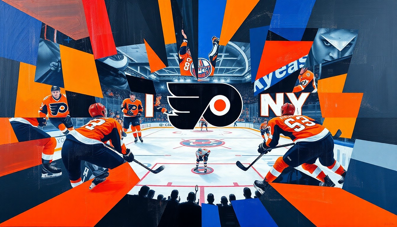 A fractured, cubist-style painting depicting a hockey game in progress, with the players and puck broken down into sharp, overlapping geometric shapes in vibrant orange, black, blue, and white colors, conveying the dynamic energy and competitiveness of the playoff race.