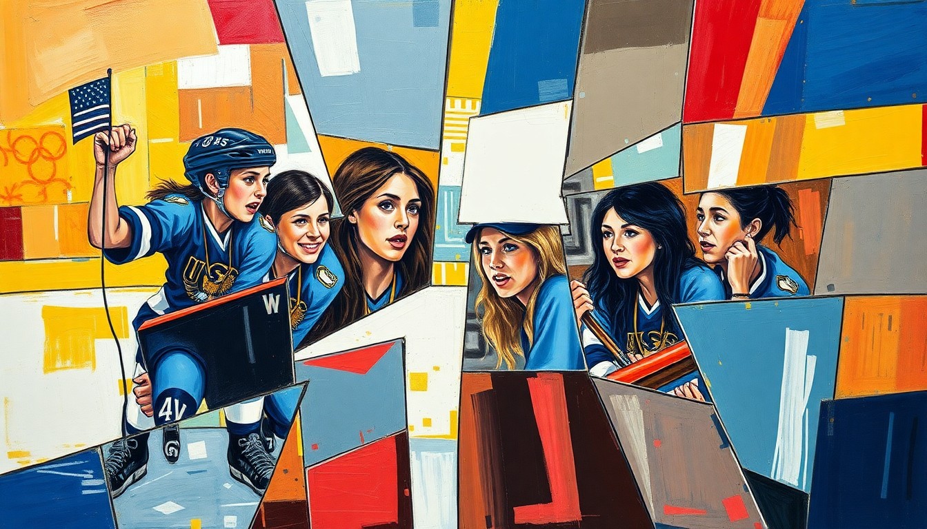 A fractured, cubist-style painting depicting the U.S. women's hockey team's gold medal win and their decision to decline the State of the Union invitation, with sharp, overlapping geometric shapes and planes in a vibrant color palette.