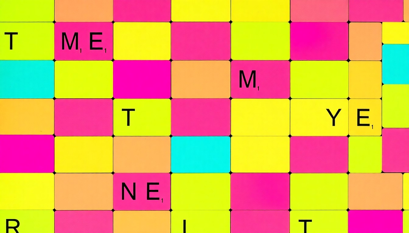 A bold, graphic illustration of a grid of Scrabble tiles in bright neon colors, conceptually representing the competitive and creative energy of a Scrabble tournament.