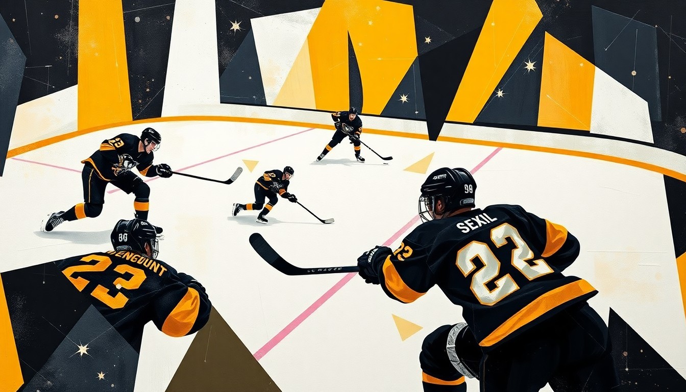 A cubist, geometric painting depicting a hockey game in progress, with the players and puck reduced to abstract shapes and planes of black, gold, and white, capturing the energy and movement of the sport.