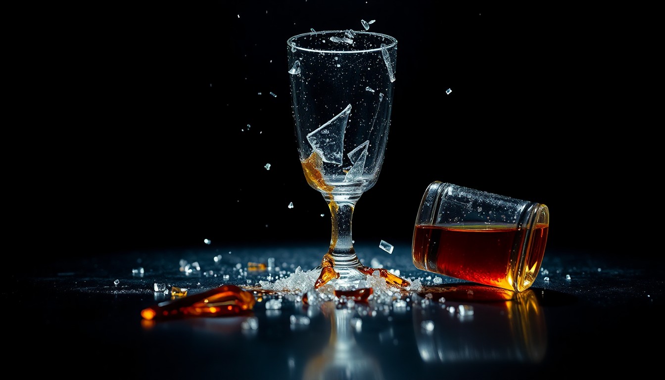 An extreme close-up of shattered glass and spilled liquor, captured in high-contrast studio lighting to create a sense of glamour and disillusionment, representing the disappointment of a failed celebrity-owned restaurant.