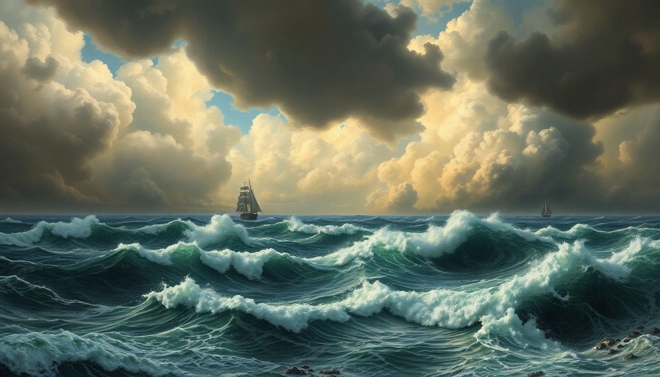 A sweeping, atmospheric landscape painting in muted tones of gray, blue, and green, capturing the dramatic, sublime scale of a stormy seascape with crashing waves and turbulent clouds. The scene conveys the overwhelming power of the natural elements, dwarfing any physical structures or objects that may be present.