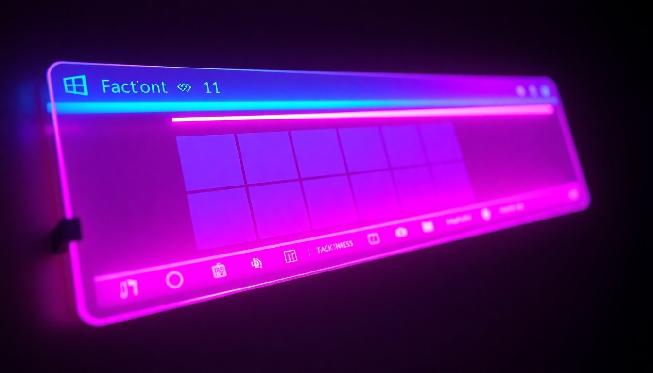 A highly detailed, glowing 3D illustration of a Windows 11 taskbar with adjustable placement and size controls, rendered in a cyberpunk-inspired style with vibrant neon lighting effects.