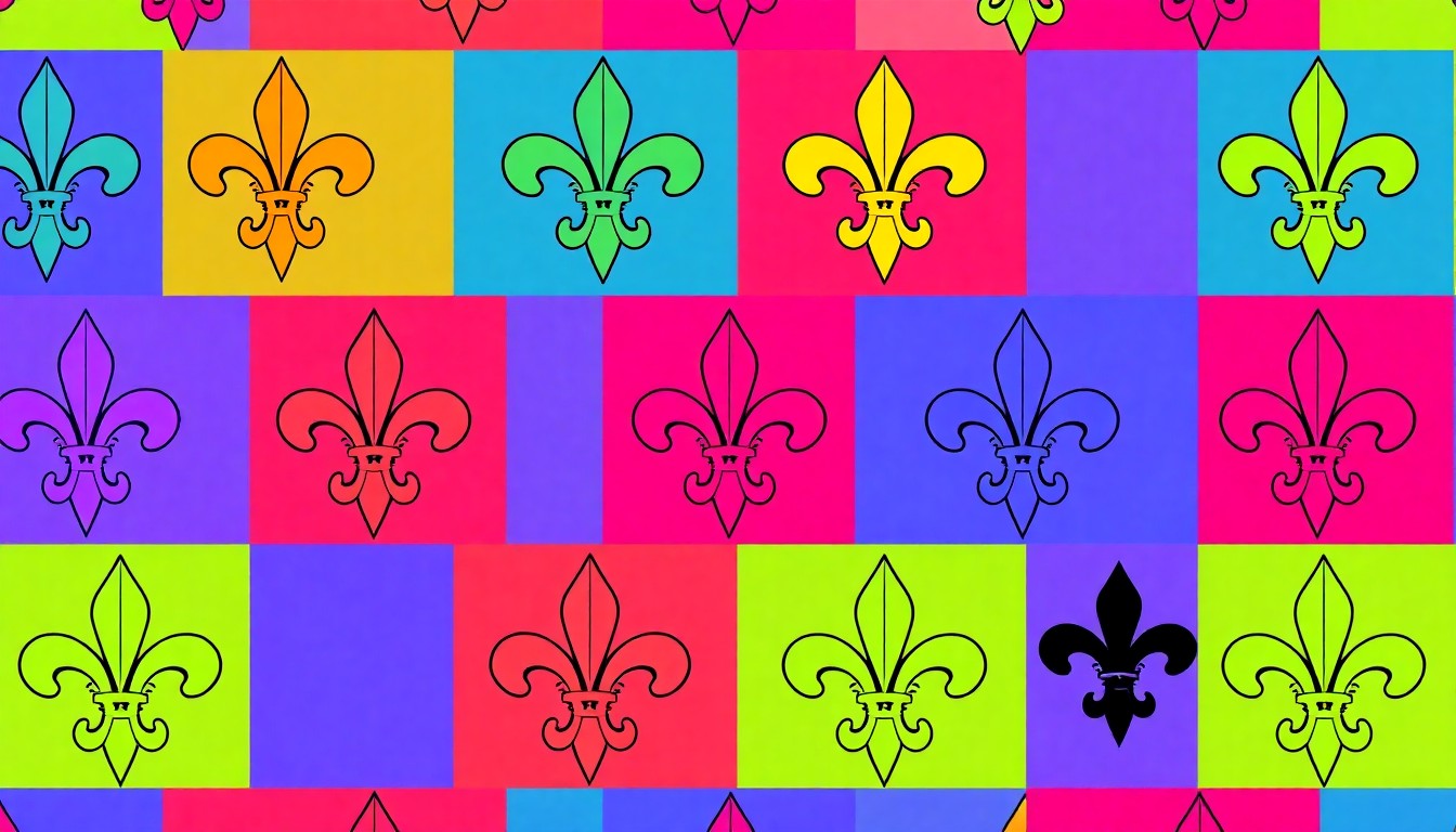 A brightly colored, high-contrast silkscreen print of a single, iconic Louisiana-themed home decor item, such as a wrought-iron fleur-de-lis or a wooden pelican sculpture, repeated in a tight grid pattern, conceptually representing the diverse array of locally-sourced gifts and decor available at the new store.